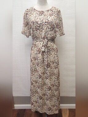 Bohme Cream Abstract Animal Print Tie Waist Midi Dress Women’s Medium Boho